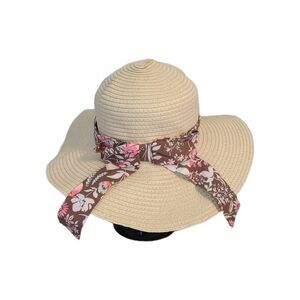 Wide Brim Woven Straw Sun Hat Boho Floral Ribbon Tie Bow Beach Summer Resort OS